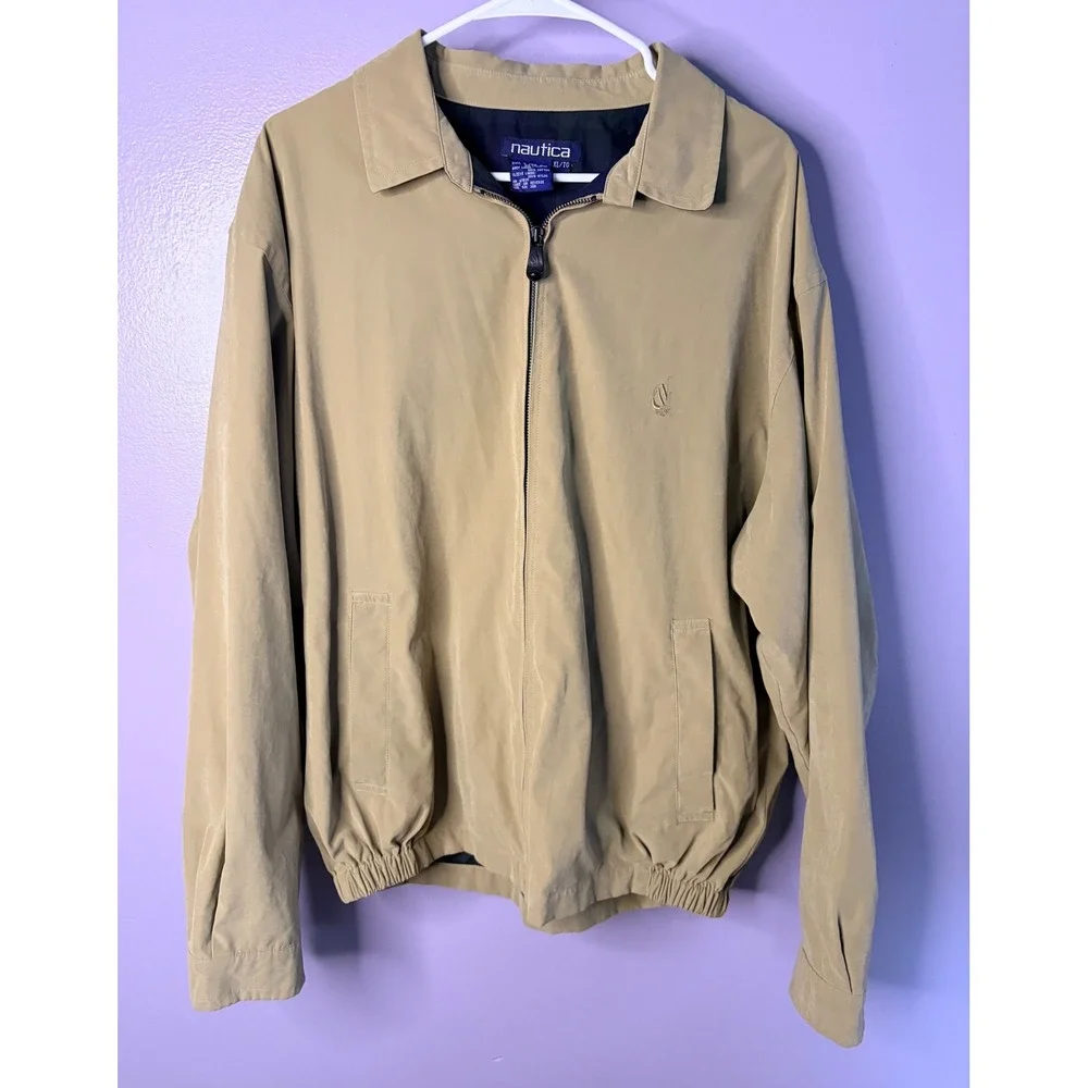 Vtg Nautica Mens XL Khaki Tan Full Zip Windbreaker Jacket Harrington Plaid Lined